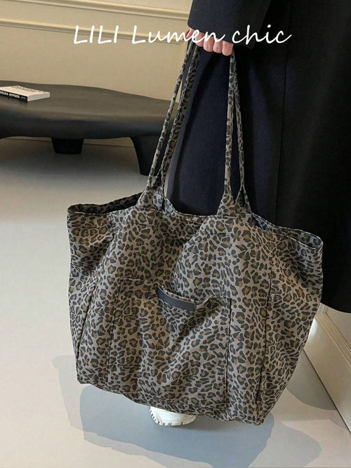 Leopard Print Fabric Tote Bag, Minimalist Relaxed Oversized Design With Sturdy Wear-Resistant Fabric Material, Suitable For Students' Classes, Daily Outings, Weekend Shopping, Short Trips And Organizi