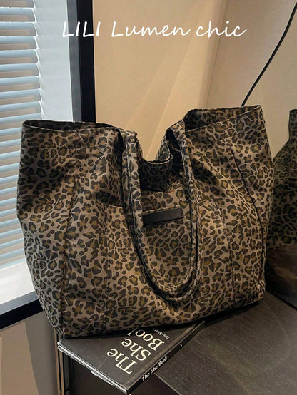 Leopard Print Fabric Tote Bag, Minimalist Relaxed Oversized Design With Sturdy Wear-Resistant Fabric Material, Suitable For Students' Classes, Daily Outings, Weekend Shopping, Short Trips And Organizi