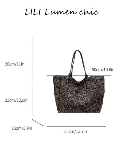 Leopard Print Fabric Tote Bag, Minimalist Relaxed Oversized Design With Sturdy Wear-Resistant Fabric Material, Suitable For Students' Classes, Daily Outings, Weekend Shopping, Short Trips And Organizi