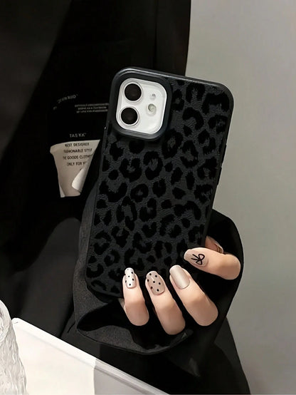 Leopard Print Fashion Phone Case TPU Black Matte Leopard Print Fashion 1pc Full Coverage Leopard Print Painted Textured Black Matte Anti-Fall TPU Phone Shockproof Case Compatible With Apple 16 15 14 1
