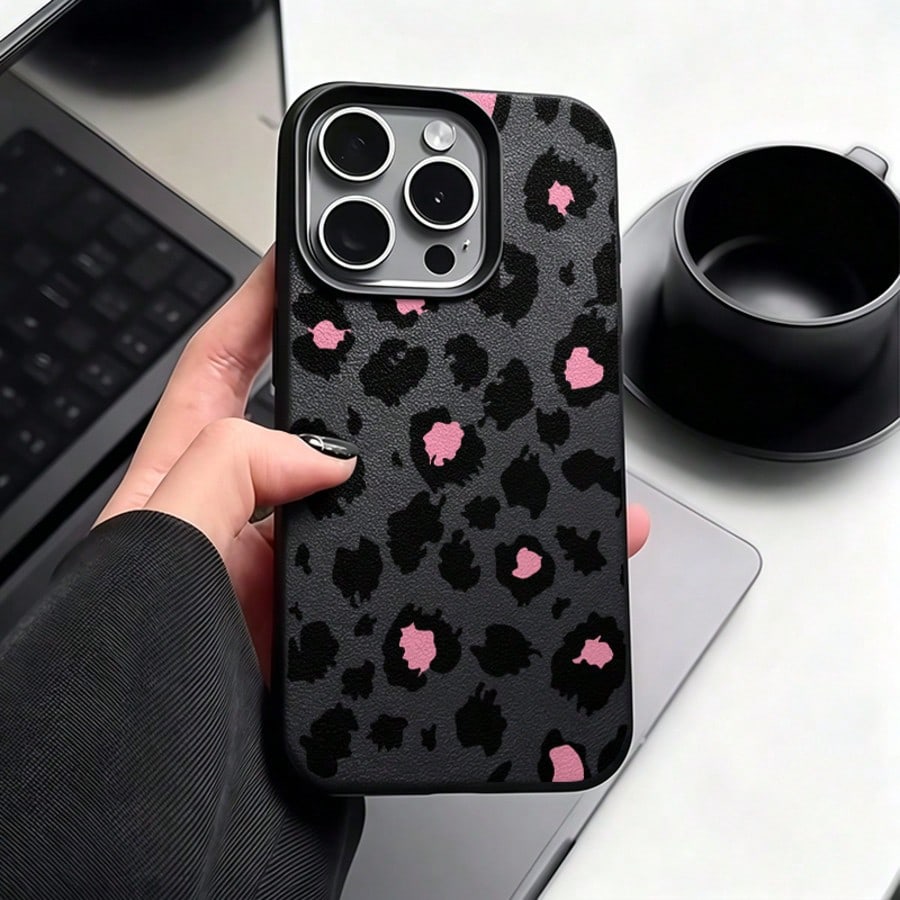 Leopard Print Fashion Phone Case TPU Black Matte Leopard Print Fashion 1pc Full Coverage Leopard Print Painted Textured Black Matte Anti-Fall TPU Phone Shockproof Case Compatible With Apple 16 15 14 1