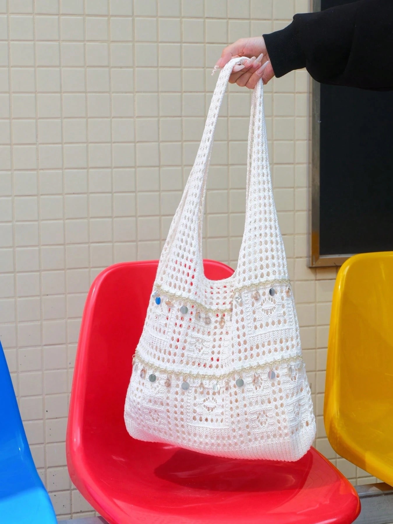 LFIRSTL Women's Tote Bag, Large Capacity Foldable Hollow-Out Knitted Bag, Ideal Choice For Summer Casual Vacation, Beach Travel And Romantic Holiday