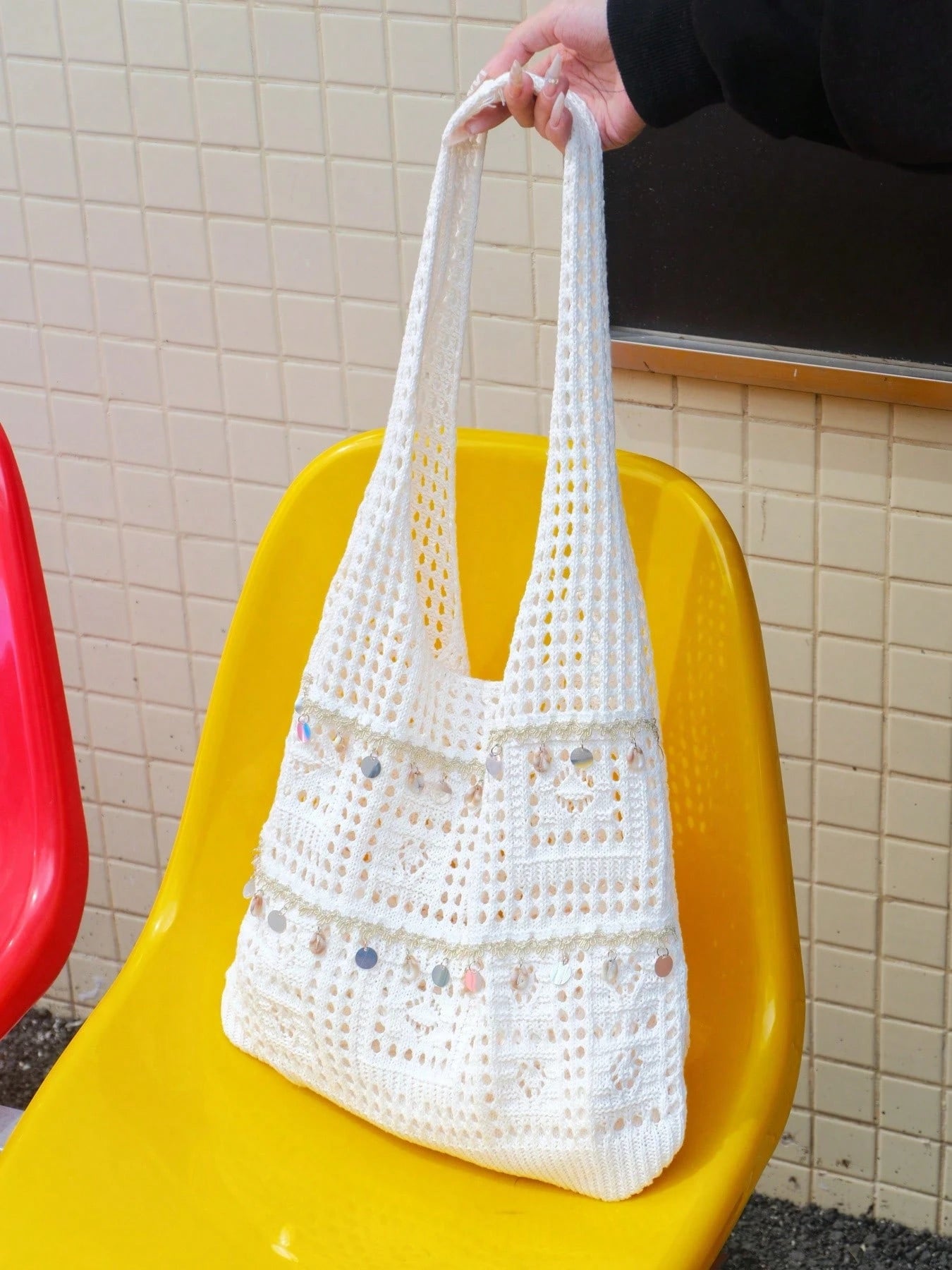 LFIRSTL Women's Tote Bag, Large Capacity Foldable Hollow-Out Knitted Bag, Ideal Choice For Summer Casual Vacation, Beach Travel And Romantic Holiday