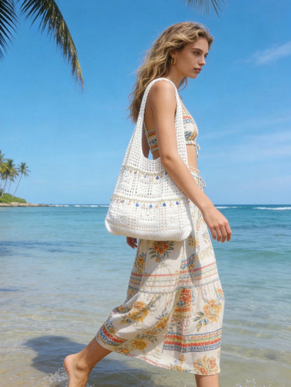 LFIRSTL Women's Tote Bag, Large Capacity Foldable Hollow-Out Knitted Bag, Ideal Choice For Summer Casual Vacation, Beach Travel And Romantic Holiday