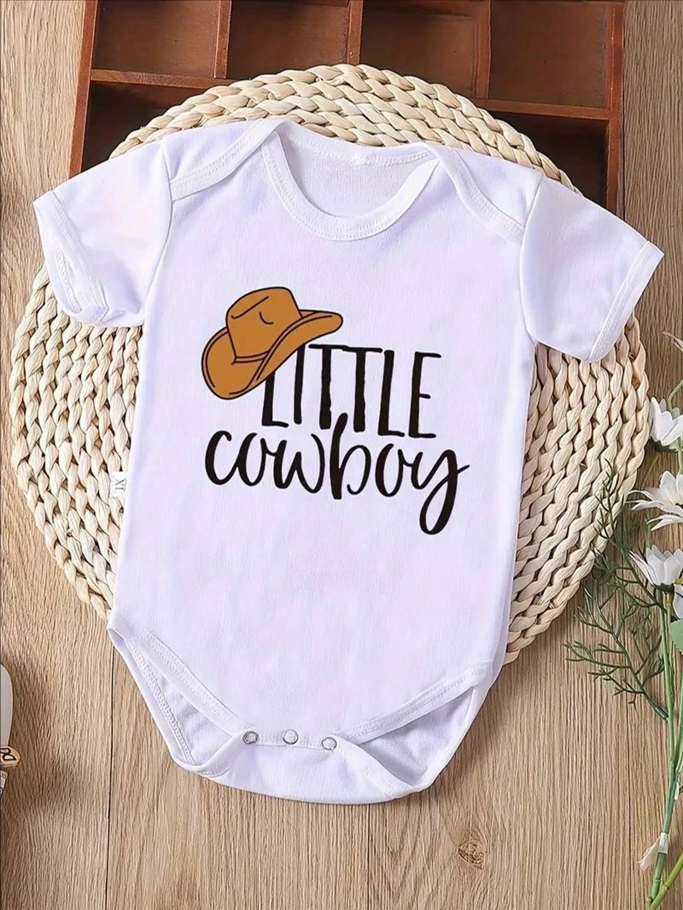 Little Cowboy" Printed Baby Romper- Summer Short-Sleeve Bodysuit For Newborns, Perfect Pregnancy Gift, Cotton, Casual Style, Perfect For Outdoor