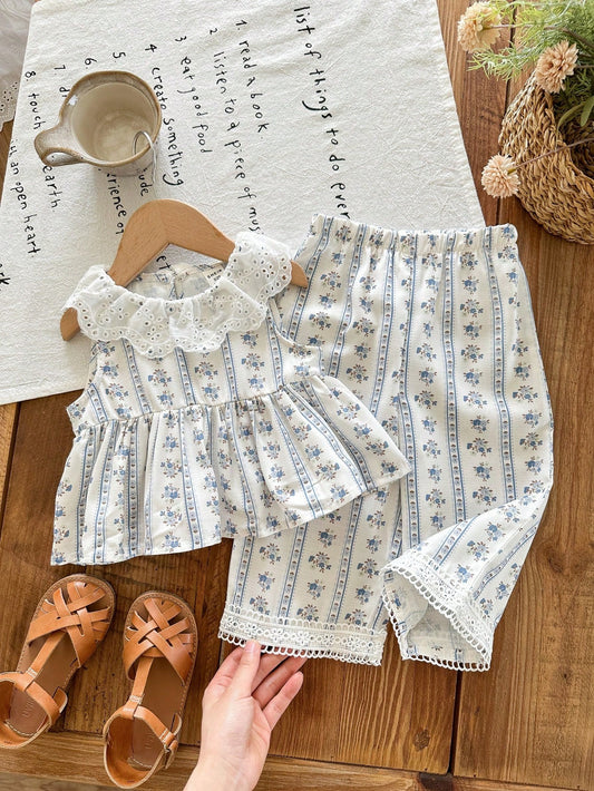 LMoss Kids 2pcs Girls Floral Pattern Ruffle Trim Casual Top And Pants Suit, Summer