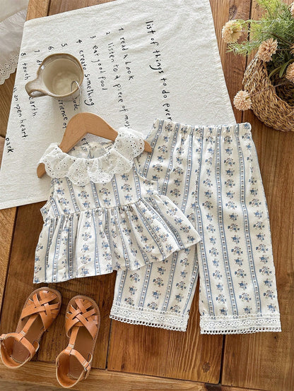LMoss Kids 2pcs Girls Floral Pattern Ruffle Trim Casual Top And Pants Suit, Summer