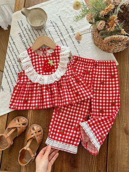 LMoss Kids 2pcs Girls Floral Pattern Ruffle Trim Casual Top And Pants Suit, Summer