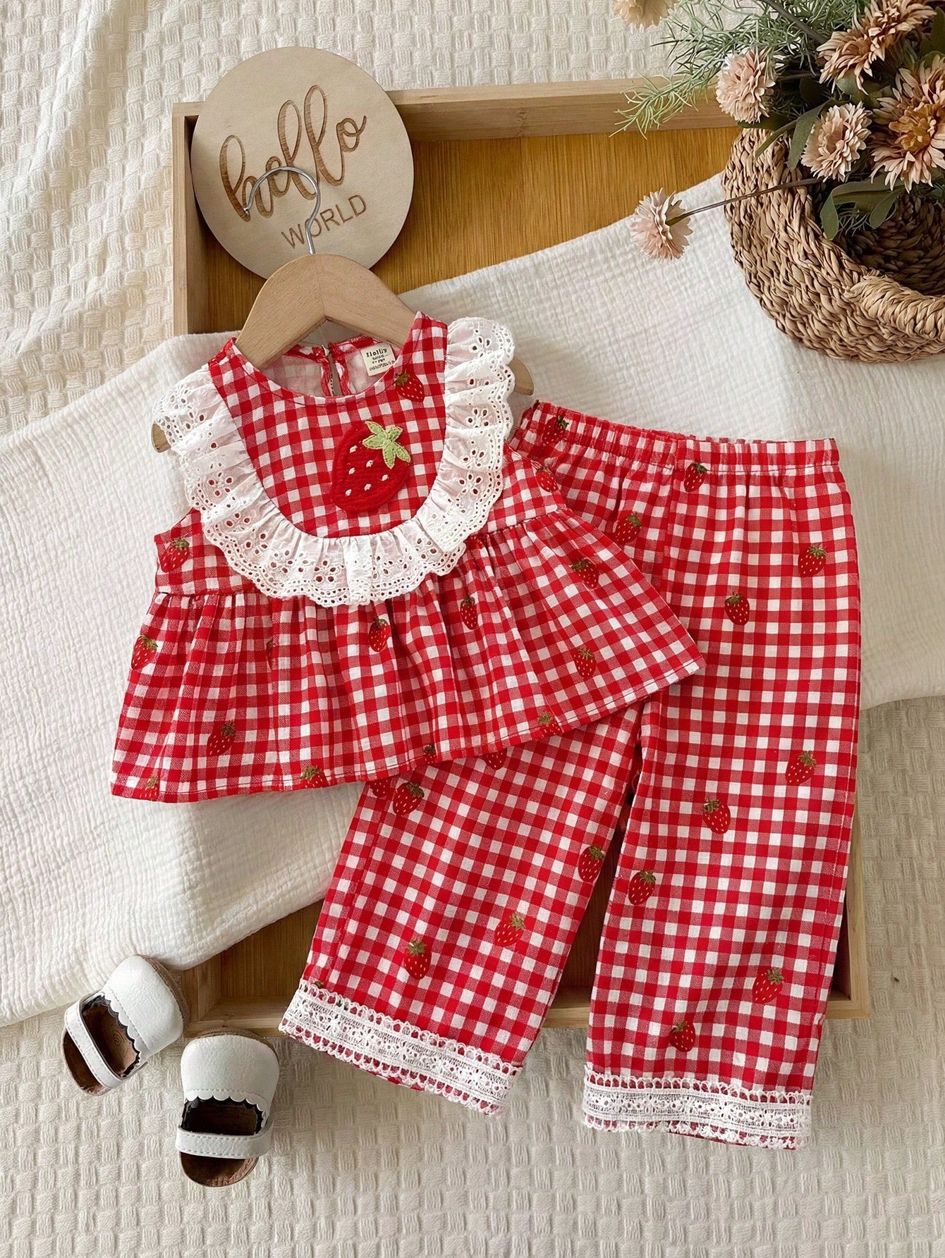 LMoss Kids 2pcs Girls Floral Pattern Ruffle Trim Casual Top And Pants Suit, Summer