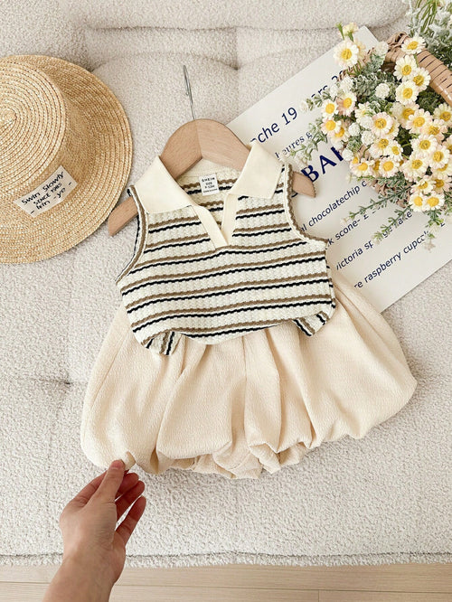 LMoss Kids Baby Girl Cute Summer Striped Polo Collar Tank Top And Elastic Waist Ruffle Shorts Set Outfit 2 Pieces Girls Vintage Style Knit Two Toddler