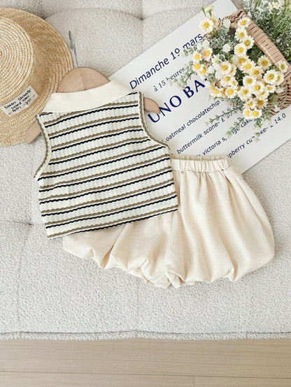 LMoss Kids Baby Girl Cute Summer Striped Polo Collar Tank Top And Elastic Waist Ruffle Shorts Set Outfit 2 Pieces Girls Vintage Style Knit Two Toddler