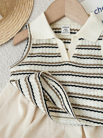 LMoss Kids Baby Girl Cute Summer Striped Polo Collar Tank Top And Elastic Waist Ruffle Shorts Set Outfit 2 Pieces Girls Vintage Style Knit Two Toddler