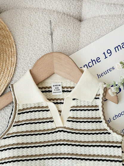 LMoss Kids Baby Girl Cute Summer Striped Polo Collar Tank Top And Elastic Waist Ruffle Shorts Set Outfit 2 Pieces Girls Vintage Style Knit Two Toddler