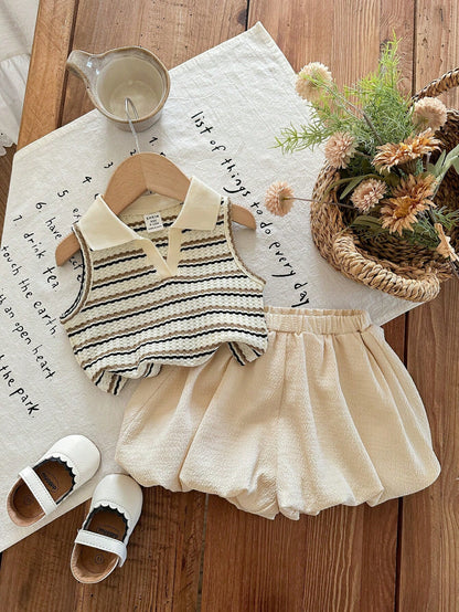 LMoss Kids Baby Girl Cute Summer Striped Polo Collar Tank Top And Elastic Waist Ruffle Shorts Set Outfit 2 Pieces Girls Vintage Style Knit Two Toddler