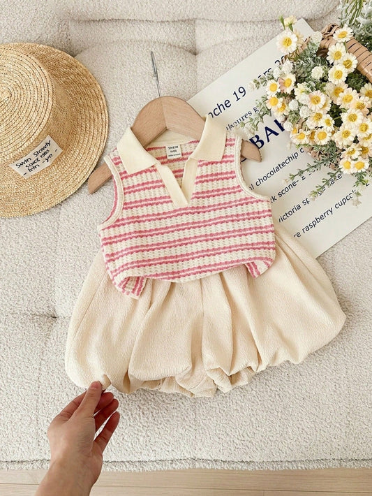 LMoss Kids Babygirl Cute Summer Striped Polo Collar Tank Top And Elastic Waist Ruffle Shorts Set