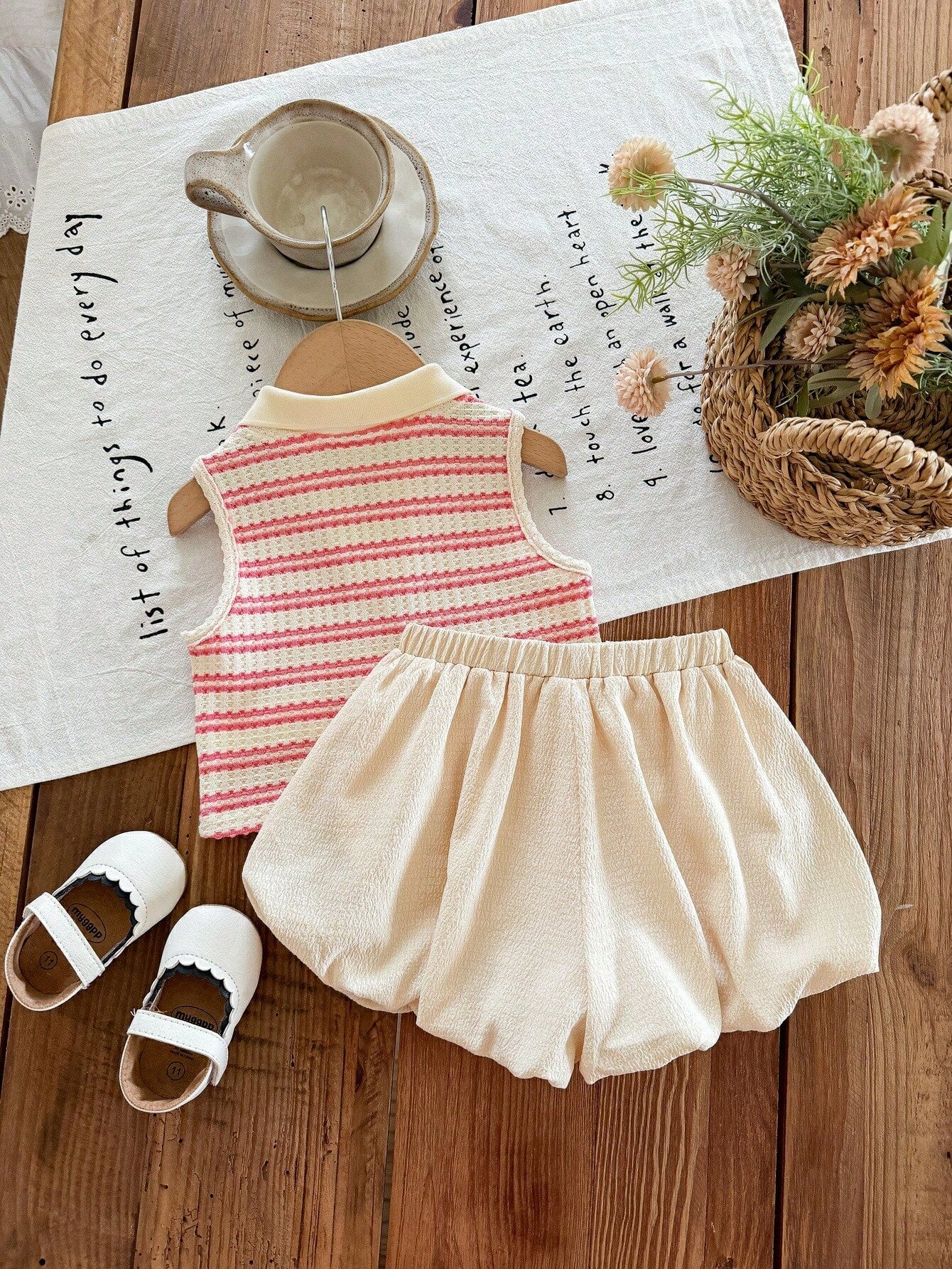 LMoss Kids Babygirl Cute Summer Striped Polo Collar Tank Top And Elastic Waist Ruffle Shorts Set