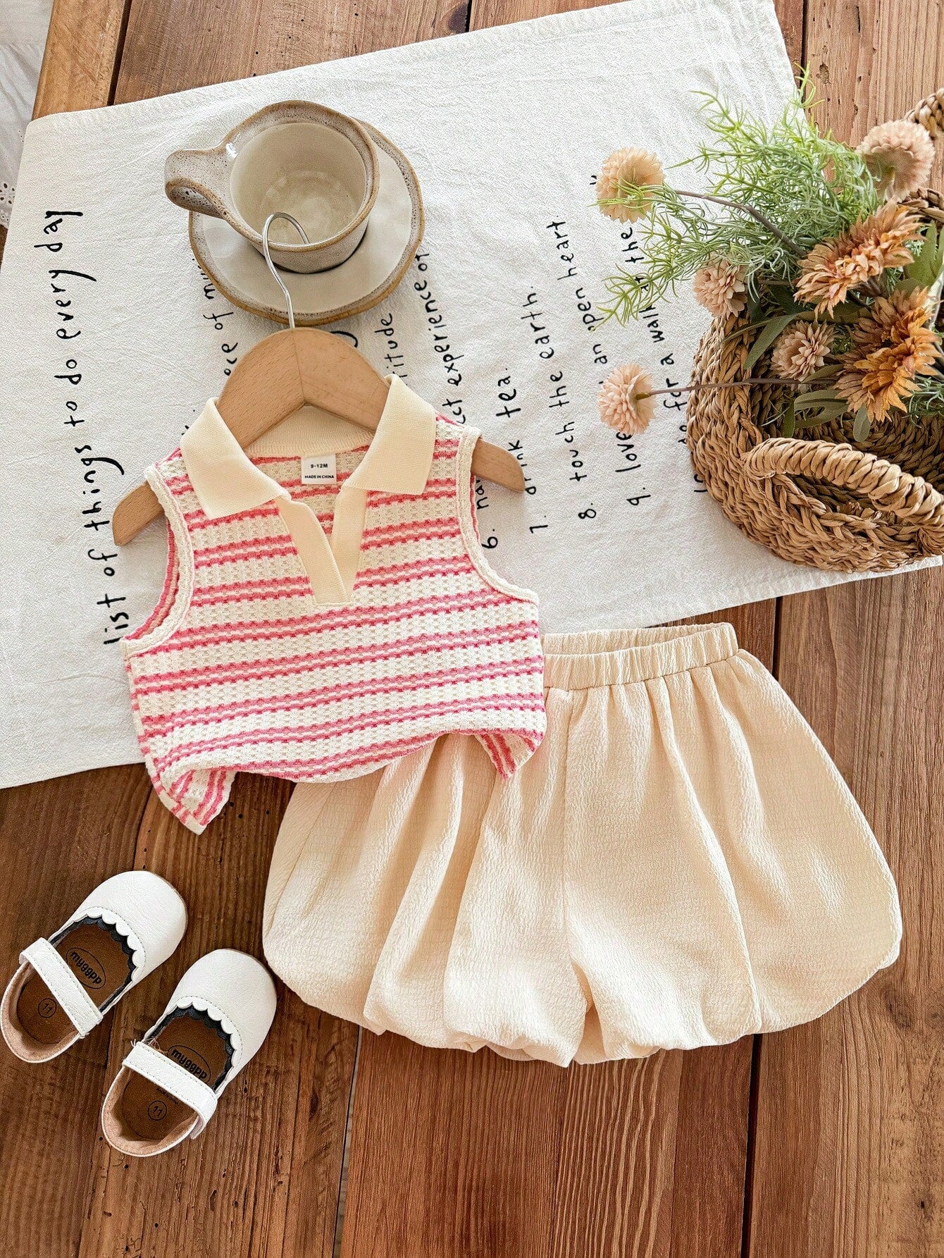 LMoss Kids Babygirl Cute Summer Striped Polo Collar Tank Top And Elastic Waist Ruffle Shorts Set
