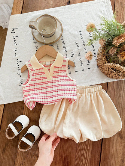 LMoss Kids Babygirl Cute Summer Striped Polo Collar Tank Top And Elastic Waist Ruffle Shorts Set