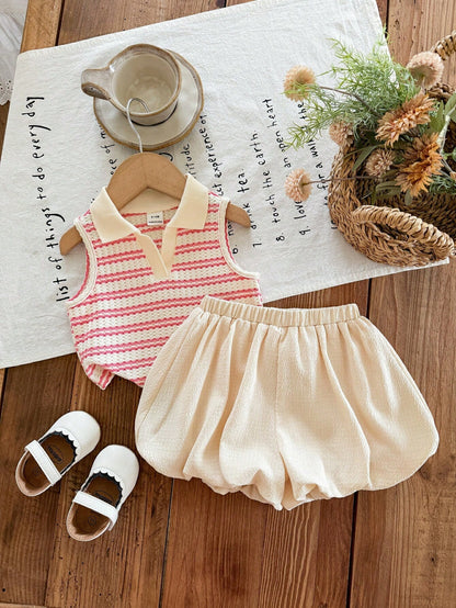 LMoss Kids Babygirl Cute Summer Striped Polo Collar Tank Top And Elastic Waist Ruffle Shorts Set