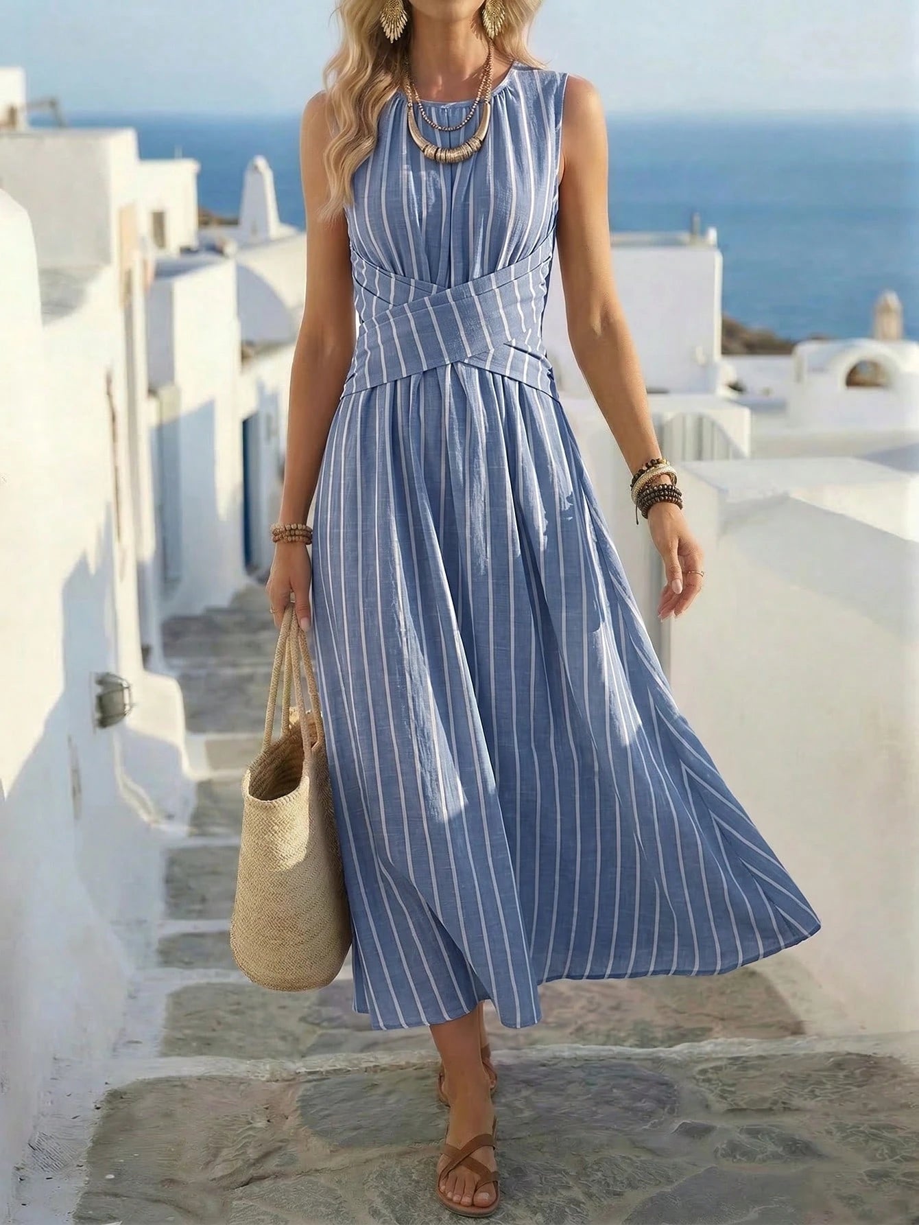 Louniche Women's Spring/Summer Casual Olive Green Sleeveless Dress With Criss-Cross Waist Design, Simple Silhouette, Elegant Style, Suitable For Daily Wear, Shopping, Afternoon Tea, Small Gatherings,