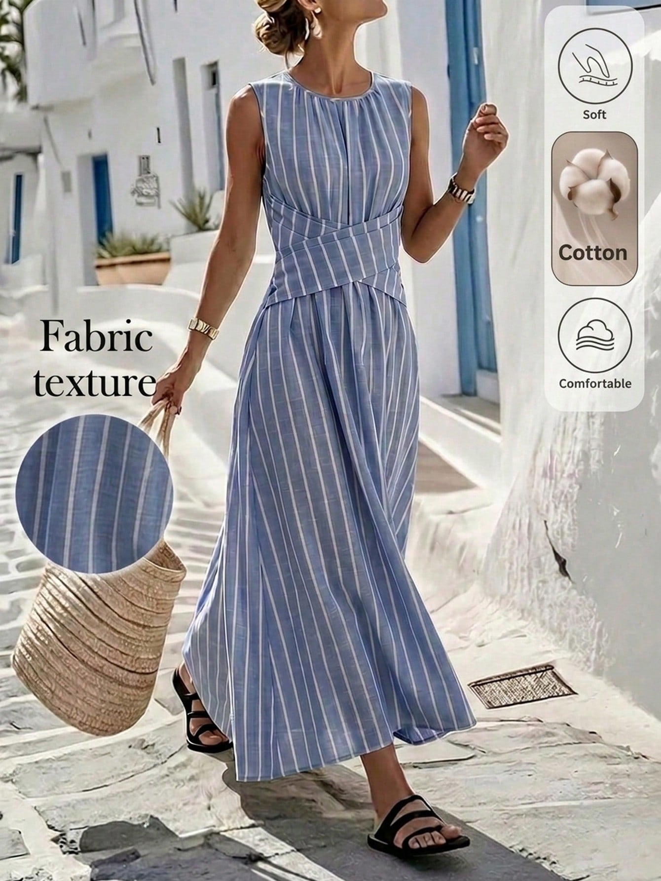 Louniche Women's Spring/Summer Casual Olive Green Sleeveless Dress With Criss-Cross Waist Design, Simple Silhouette, Elegant Style, Suitable For Daily Wear, Shopping, Afternoon Tea, Small Gatherings,