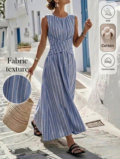 Louniche Women's Spring/Summer Casual Olive Green Sleeveless Dress With Criss-Cross Waist Design, Simple Silhouette, Elegant Style, Suitable For Daily Wear, Shopping, Afternoon Tea, Small Gatherings,