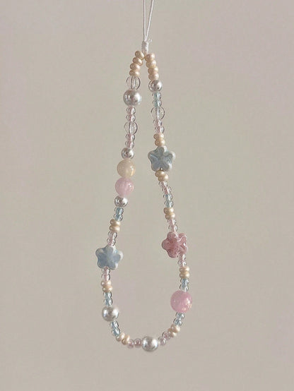 Lovely Ceramic Blue/Pink Sakura Ccd Camera Strap For Diy Pearl Beaded Phone Chain Accessories, Fresh Style Pendant Decoration Gifts For Mother, Family, Friends, Birthday, Holiday Phone Charm
