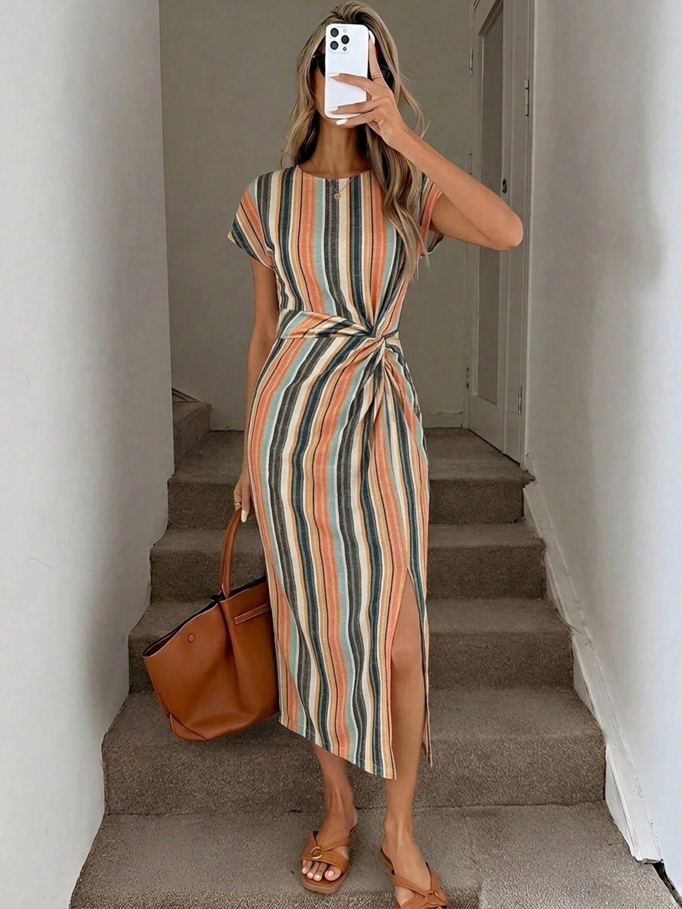 LUNE Colorful Striped Vacation Print Elegant Twist Waist High Slit Sleeveless Midi Dress, Women's Casual Knit Texture Bodycon Dress, Women's Birthday Outfit, Women's Fitness Set, Women's Wedding