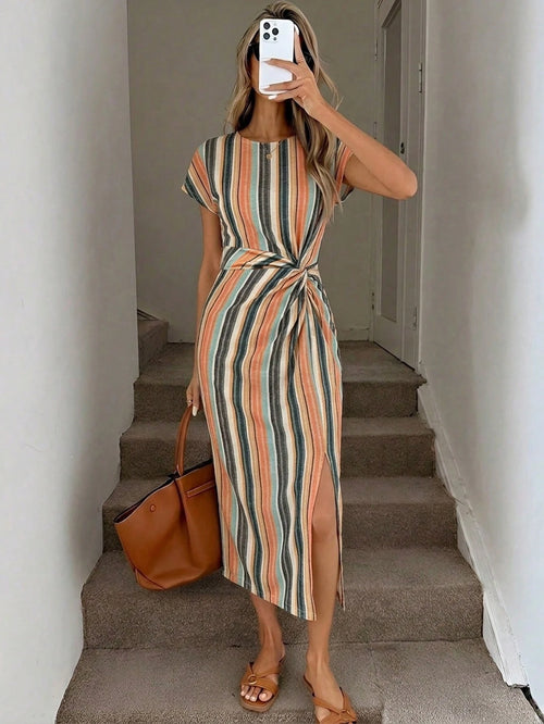 LUNE Colorful Striped Vacation Print Elegant Twist Waist High Slit Sleeveless Midi Dress, Women's Casual Knit Texture Bodycon Dress, Women's Birthday Outfit, Women's Fitness Set, Women's Wedding