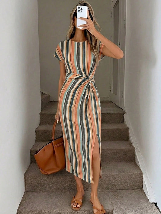 LUNE Colorful Striped Vacation Print Elegant Twist Waist High Slit Sleeveless Midi Dress, Women's Casual Knit Texture Bodycon Dress, Women's Birthday Outfit, Women's Fitness Set, Women's Wedding
