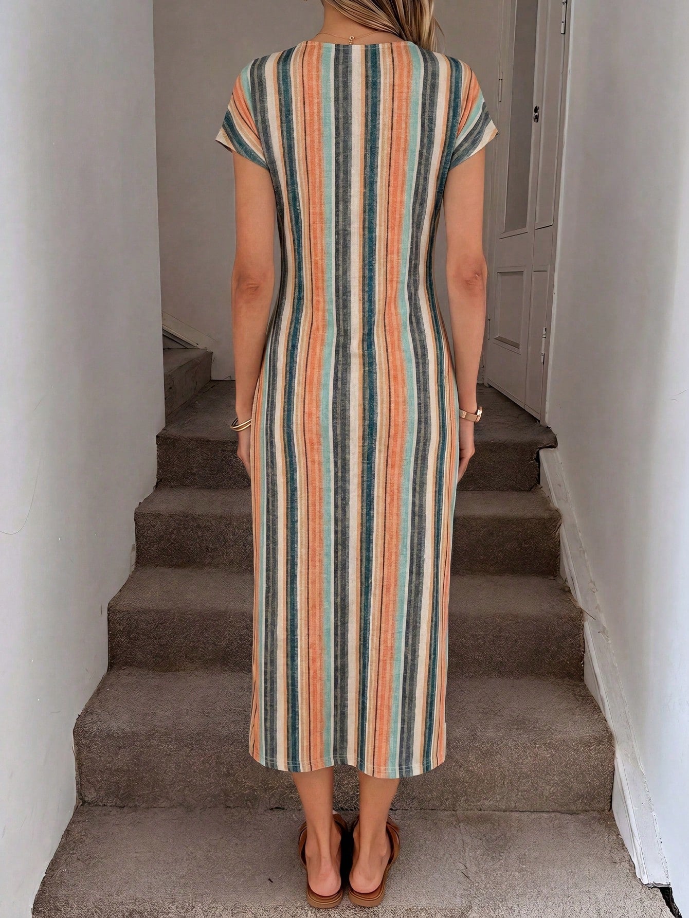 LUNE Colorful Striped Vacation Print Elegant Twist Waist High Slit Sleeveless Midi Dress, Women's Casual Knit Texture Bodycon Dress, Women's Birthday Outfit, Women's Fitness Set, Women's Wedding