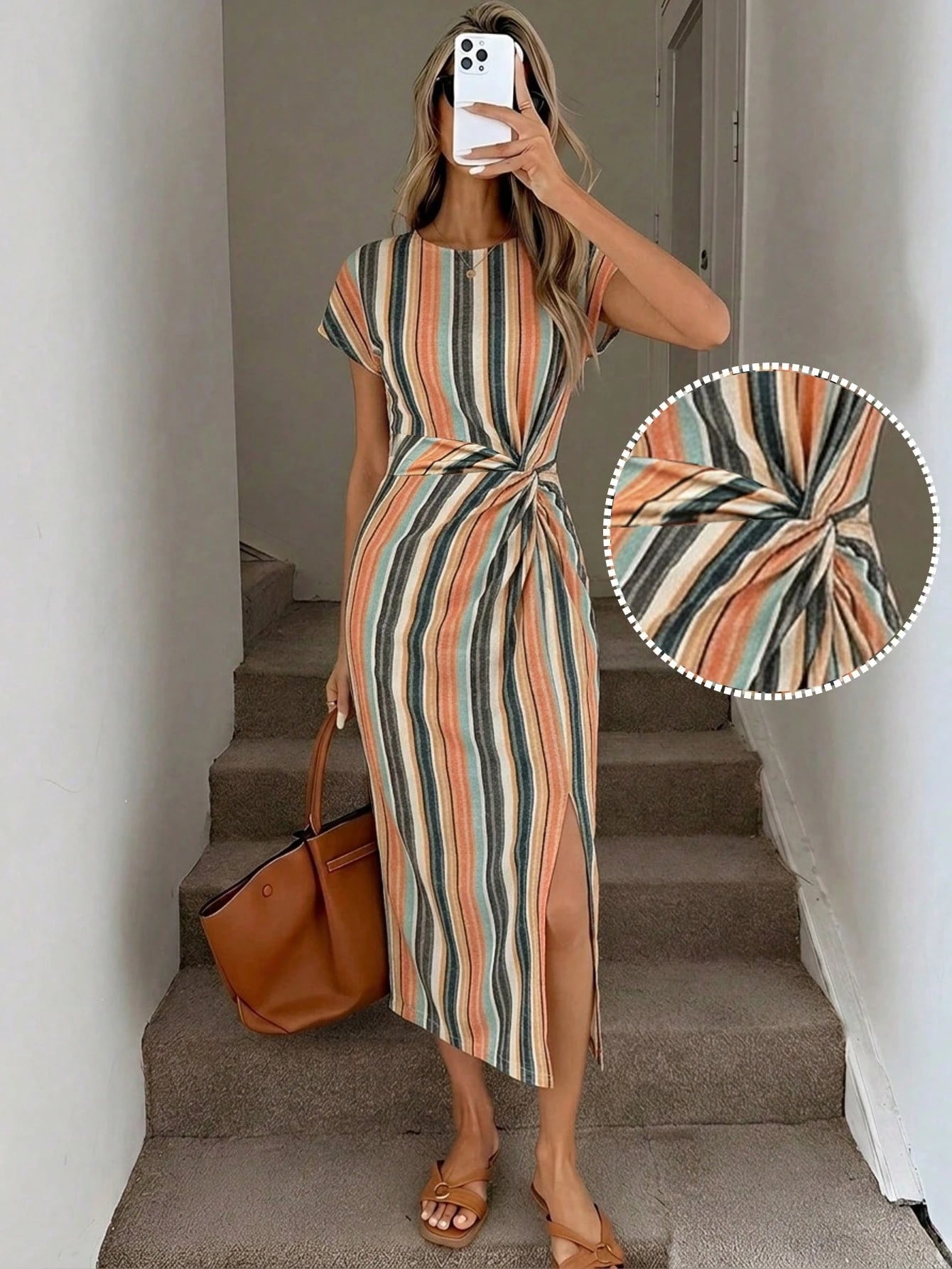 LUNE Colorful Striped Vacation Print Elegant Twist Waist High Slit Sleeveless Midi Dress, Women's Casual Knit Texture Bodycon Dress, Women's Birthday Outfit, Women's Fitness Set, Women's Wedding