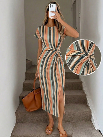LUNE Colorful Striped Vacation Print Elegant Twist Waist High Slit Sleeveless Midi Dress, Women's Casual Knit Texture Bodycon Dress, Women's Birthday Outfit, Women's Fitness Set, Women's Wedding