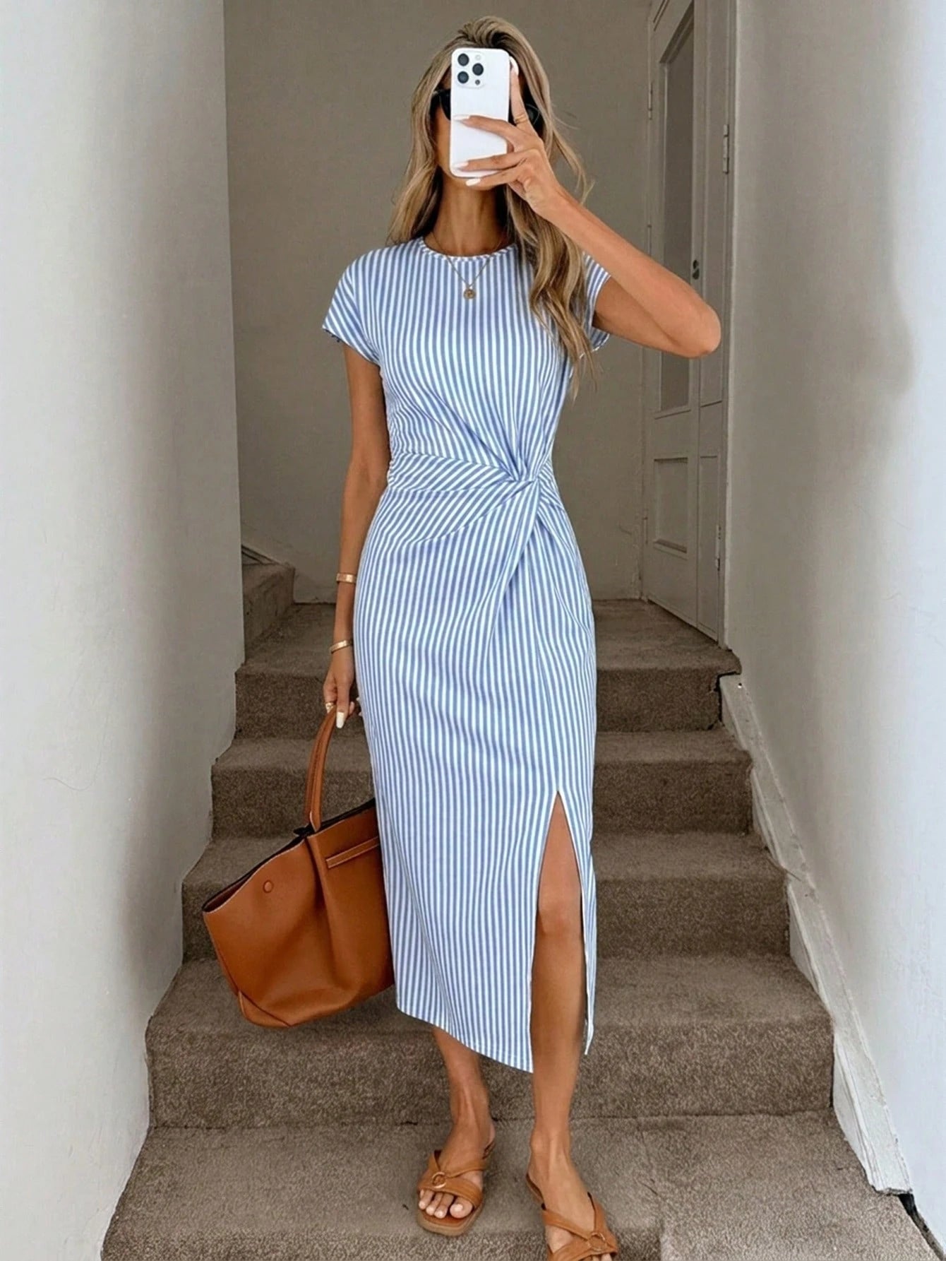 LUNE Colorful Striped Vacation Print Elegant Twist Waist High Slit Sleeveless Midi Dress, Women's Casual Knit Texture Bodycon Dress, Women's Birthday Outfit, Women's Fitness Set, Women's Wedding