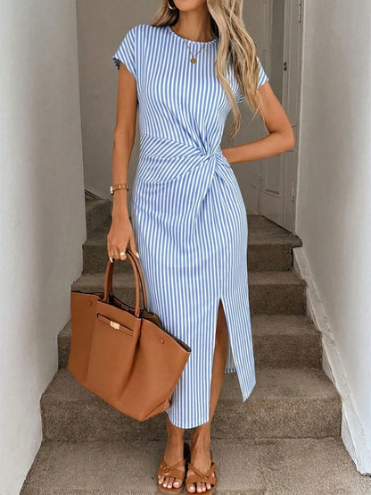 LUNE Colorful Striped Vacation Print Elegant Twist Waist High Slit Sleeveless Midi Dress, Women's Casual Knit Texture Bodycon Dress, Women's Birthday Outfit, Women's Fitness Set, Women's Wedding