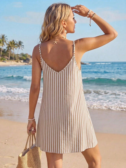 LUNE Women's Casual Coastal Printed Mini Dress Suitable For Autumn/Winter Beach Blue And White Stripe