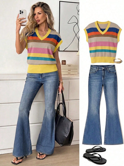 LUNE Women's V-Neck Printed T-Shirt, Versatile Summer Tee