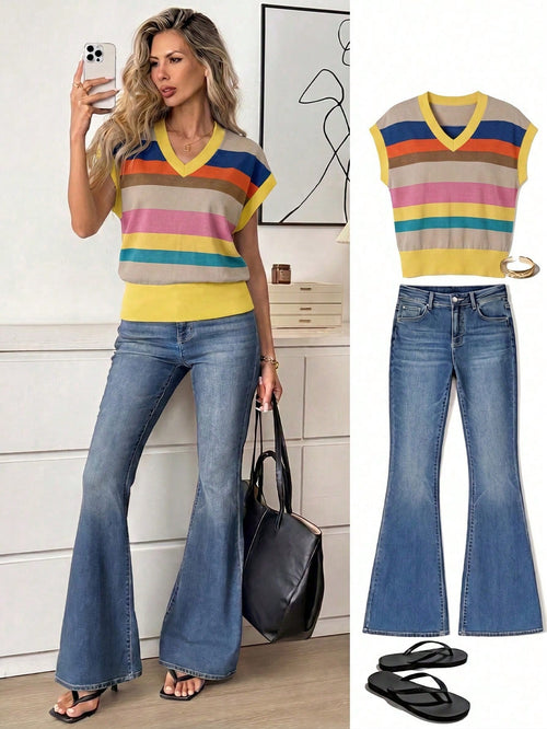 LUNE Women's V-Neck Printed T-Shirt, Versatile Summer Tee