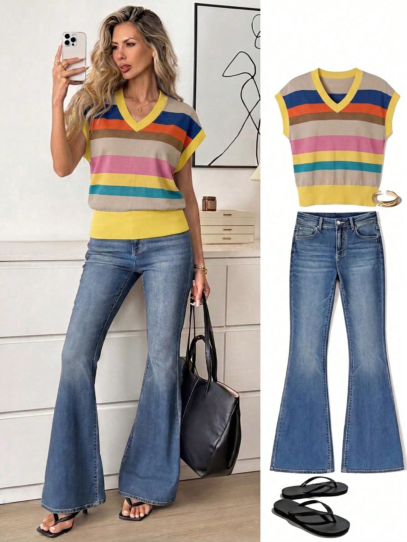 LUNE Women's V-Neck Printed T-Shirt, Versatile Summer Tee
