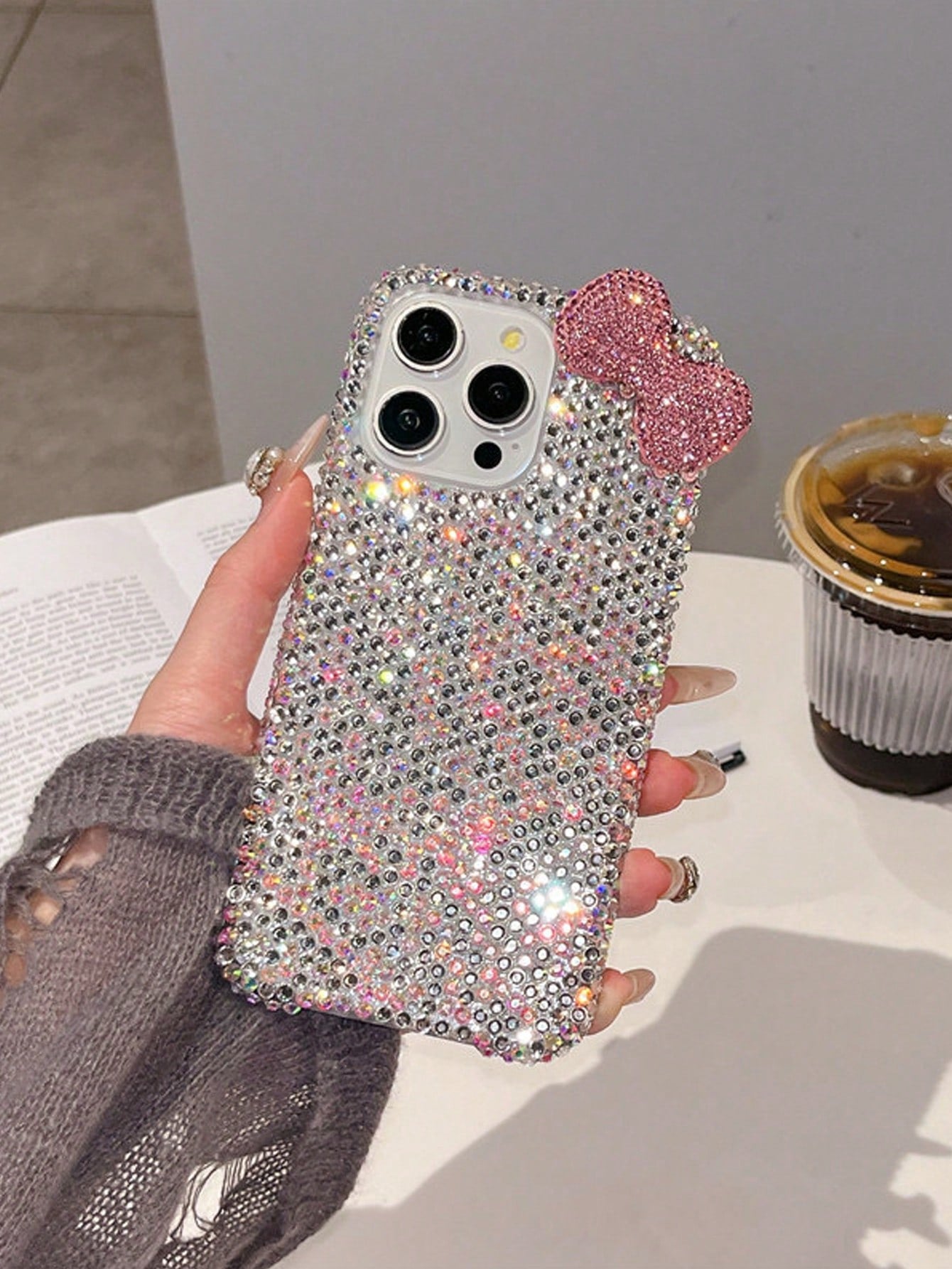 Luxury Pink Glitter Sparkle Rhinestone Bow Fashion Phone Case Shining Rhinestone Sparkly Rhinestone Bow Rhinestone Edged Plaster Rhinestone Bow Phone Case Compatible With IPhone 17 Pro Max/16 Plus/XS