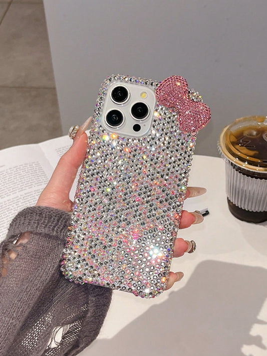 Luxury Pink Glitter Sparkle Rhinestone Bow Fashion Phone Case Shining Rhinestone Sparkly Rhinestone Bow Rhinestone Edged Plaster Rhinestone Bow Phone Case Compatible With IPhone 17 Pro Max/16 Plus/XS
