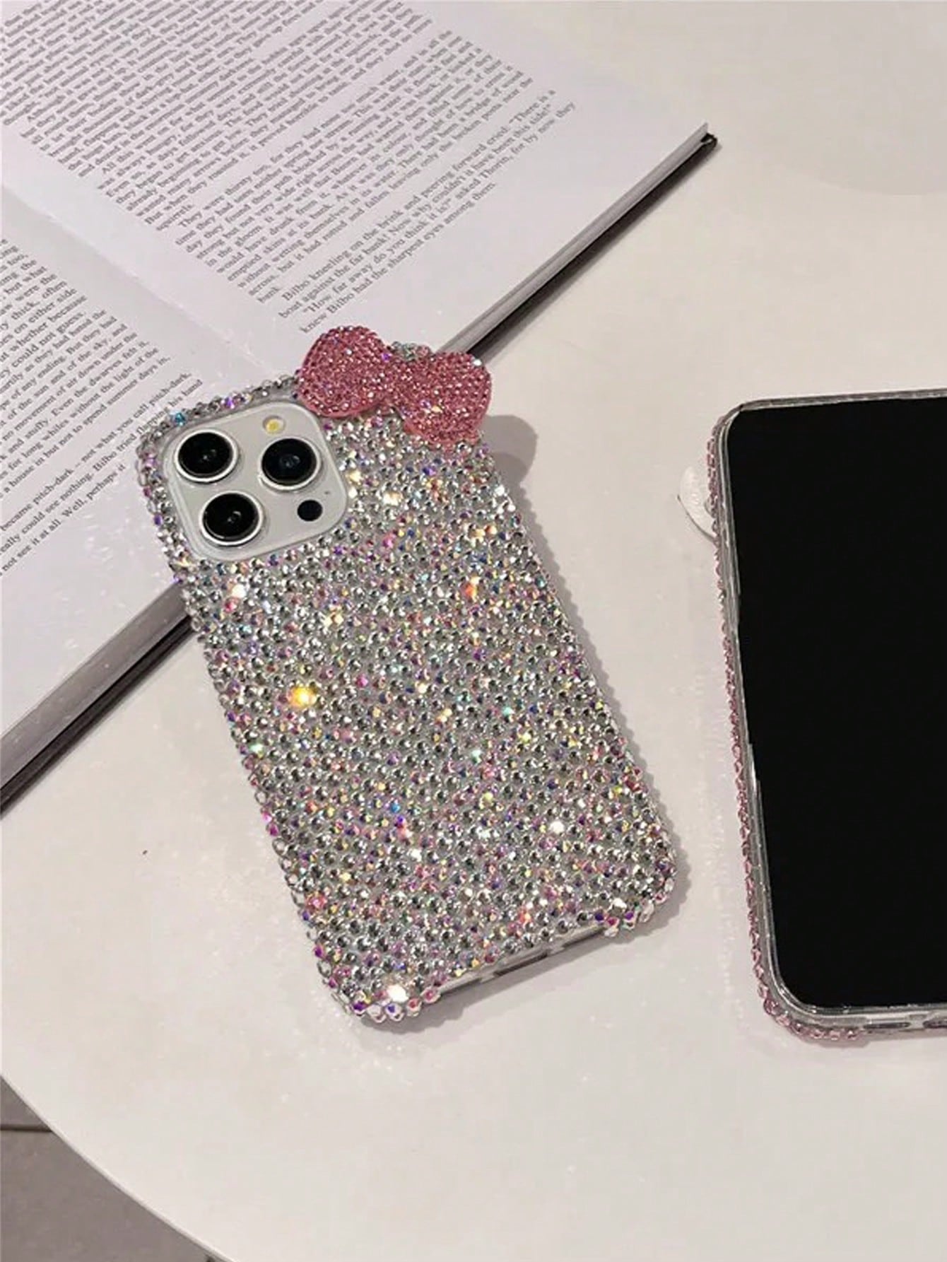 Luxury Pink Glitter Sparkle Rhinestone Bow Fashion Phone Case Shining Rhinestone Sparkly Rhinestone Bow Rhinestone Edged Plaster Rhinestone Bow Phone Case Compatible With IPhone 17 Pro Max/16 Plus/XS