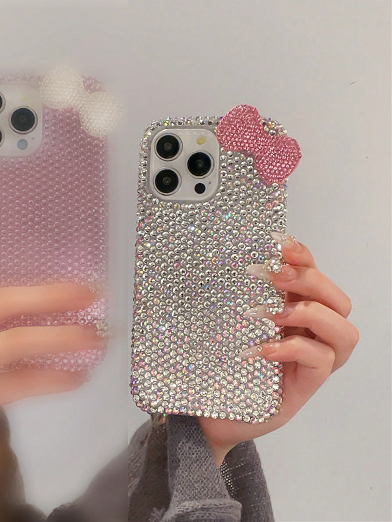 Luxury Pink Glitter Sparkle Rhinestone Bow Fashion Phone Case Shining Rhinestone Sparkly Rhinestone Bow Rhinestone Edged Plaster Rhinestone Bow Phone Case Compatible With IPhone 17 Pro Max/16 Plus/XS