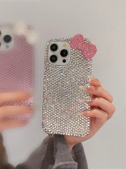 Luxury Pink Glitter Sparkle Rhinestone Bow Fashion Phone Case Shining Rhinestone Sparkly Rhinestone Bow Rhinestone Edged Plaster Rhinestone Bow Phone Case Compatible With IPhone 17 Pro Max/16 Plus/XS