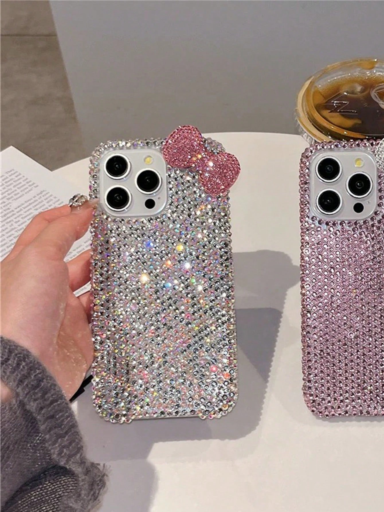 Luxury Pink Glitter Sparkle Rhinestone Bow Fashion Phone Case Shining Rhinestone Sparkly Rhinestone Bow Rhinestone Edged Plaster Rhinestone Bow Phone Case Compatible With IPhone 17 Pro Max/16 Plus/XS