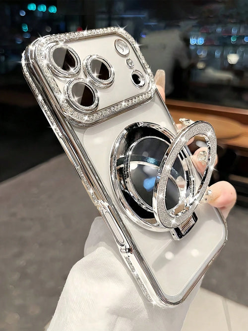 Luxury Shiny Diamond Lens Protection Phone Case With Glitter Makeup Mirror & Kickstand, High-Quality Shock-Proof Frame Back Cover Compatible With IPhone 17/16E/15/14/13/12/11/X/XS Max/XR/Pro Plus/8/7