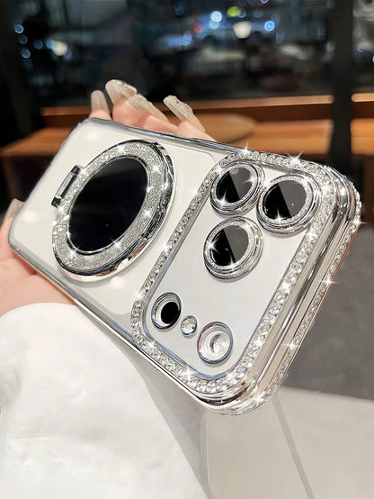 Luxury Shiny Diamond Lens Protection Phone Case With Glitter Makeup Mirror & Kickstand, High-Quality Shock-Proof Frame Back Cover Compatible With IPhone 17/16E/15/14/13/12/11/X/XS Max/XR/Pro Plus/8/7