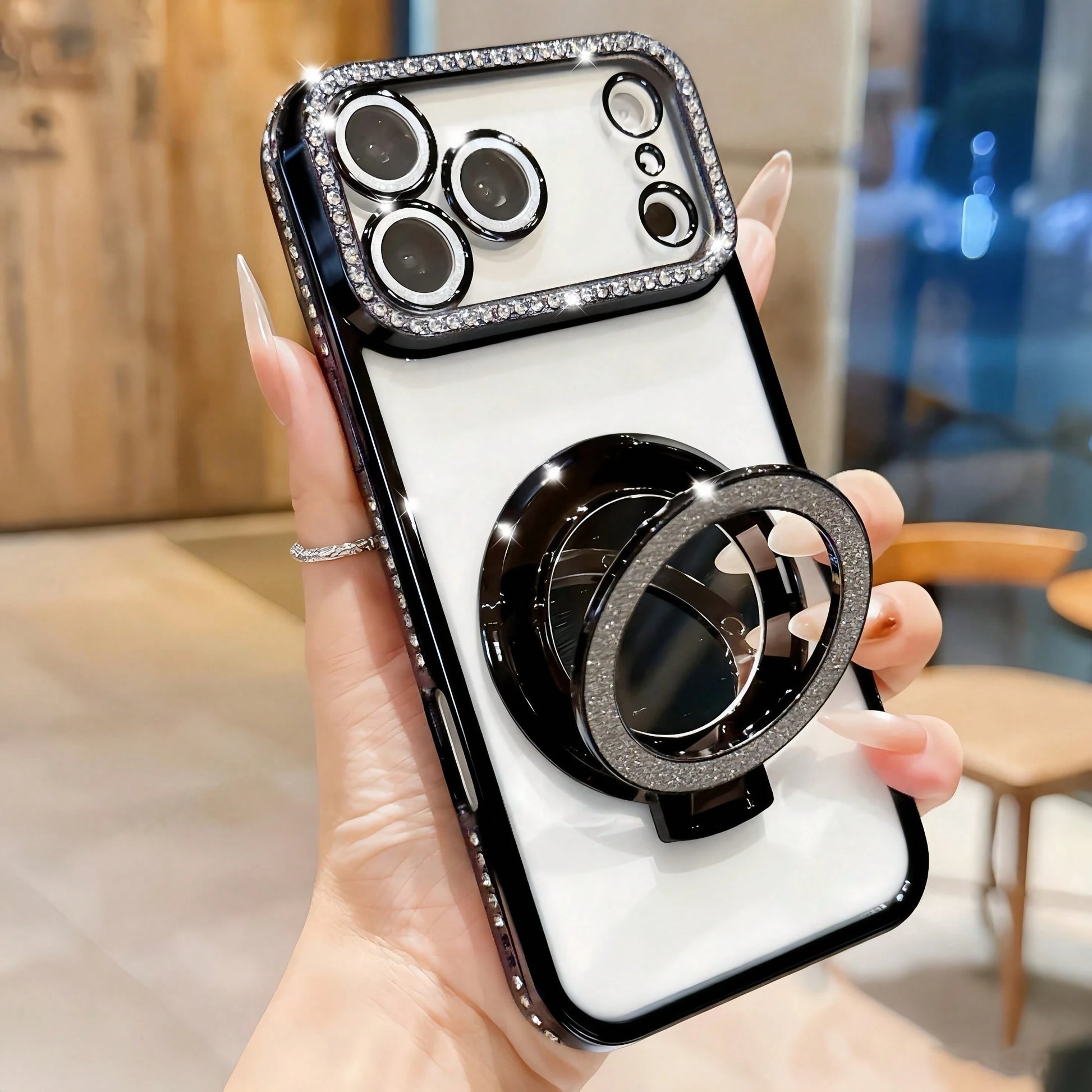 Luxury Shiny Diamond Lens Protection Phone Case With Glitter Makeup Mirror & Kickstand, High-Quality Shock-Proof Frame Back Cover Compatible With IPhone 17/16E/15/14/13/12/11/X/XS Max/XR/Pro Plus/8/7