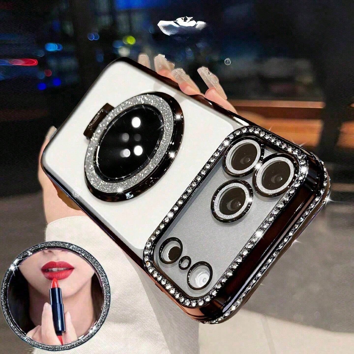 Luxury Shiny Diamond Lens Protection Phone Case With Glitter Makeup Mirror & Kickstand, High-Quality Shock-Proof Frame Back Cover Compatible With IPhone 17/16E/15/14/13/12/11/X/XS Max/XR/Pro Plus/8/7
