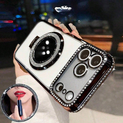 Luxury Shiny Diamond Lens Protection Phone Case With Glitter Makeup Mirror & Kickstand, High-Quality Shock-Proof Frame Back Cover Compatible With IPhone 17/16E/15/14/13/12/11/X/XS Max/XR/Pro Plus/8/7